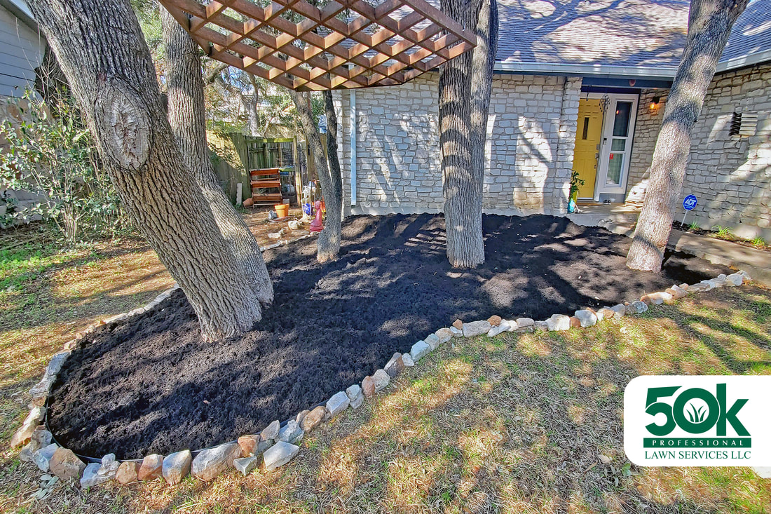 A homeowner's garden in South Austin, showcasing rich black mulch for soil health.